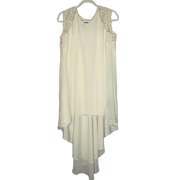 Marciano Ivory Textured Satin Lace Sleeve High Low Shift Dress - Picture 3 of 16